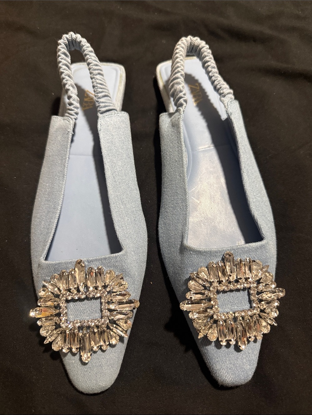 Zara Light Blue Crystal-Embellished Slingback Flats